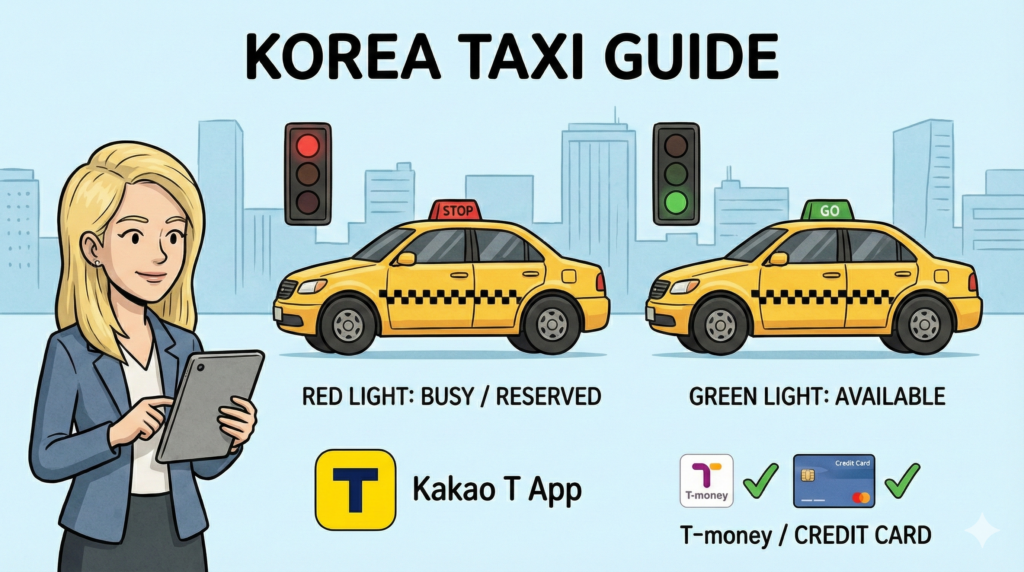 Illustration for the Korean Taxi Guide showing red and green lights.