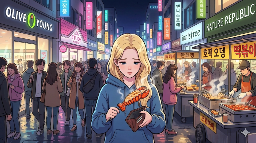 Alice holding expensive street food, illustrating the Myeongdong street food guide.