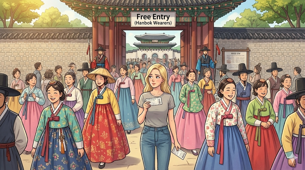 Alice paying for a ticket while Hanbok wearers enter for free, illustrating the Gyeongbokgung Palace guide.