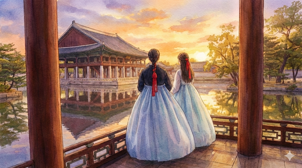 Alice wearing a beautiful Hanbok at Gyeonghoeru Pavilion, a highlight of the Gyeongbokgung Palace guide.