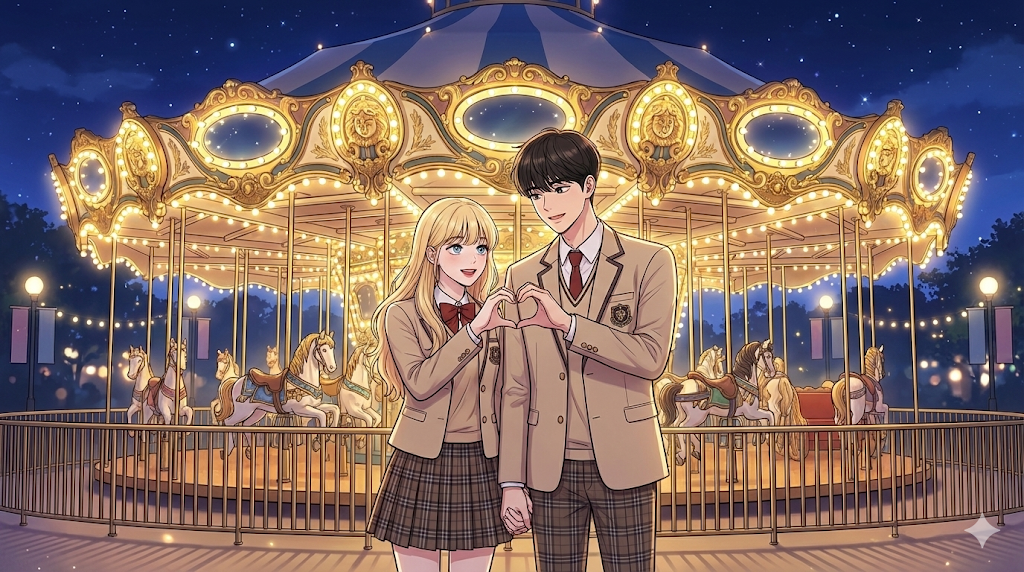Couple wearing school uniforms posing in front of the carousel at a Seoul theme park.
