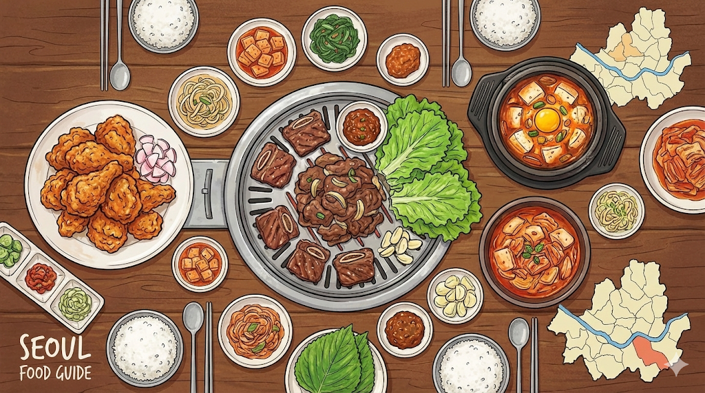 A table full of delicious Korean dishes featuring BBQ, Chicken, and Stew, illustrating the Seoul food guide.