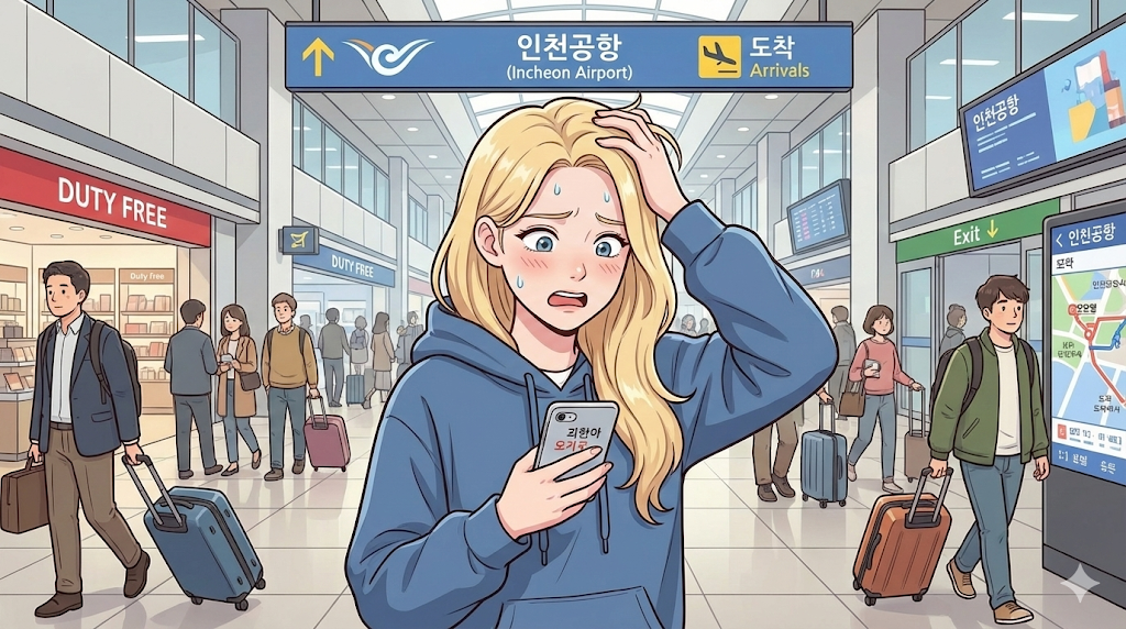 Alice looking panicked at Incheon Airport without her Korea travel essentials.