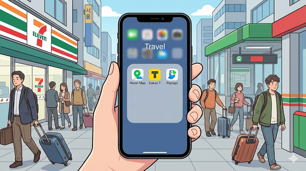 Smartphone screen displaying Naver Map, Kakao T, and Papago as part of Korea travel essentials.