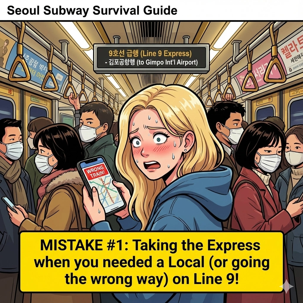 Alice sweating in a crowded Line 9 train, realizing she made a mistake, illustrating the Seoul Subway guide.
