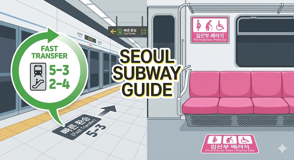 Fast transfer numbers and the pink priority seat mentioned in the Seoul Subway guide.