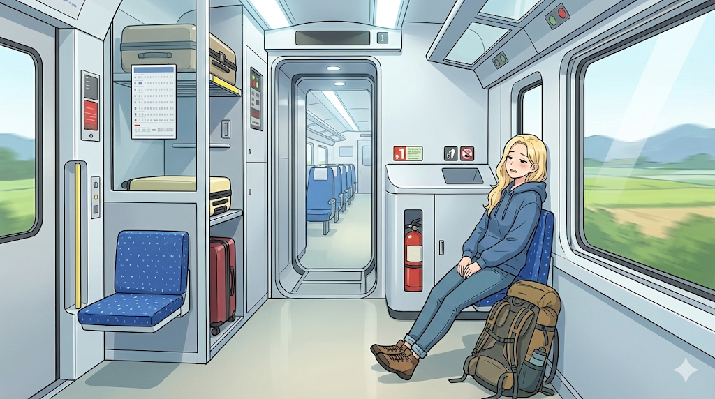 Alice exhausted from standing on the Seoul to Busan KTX train.