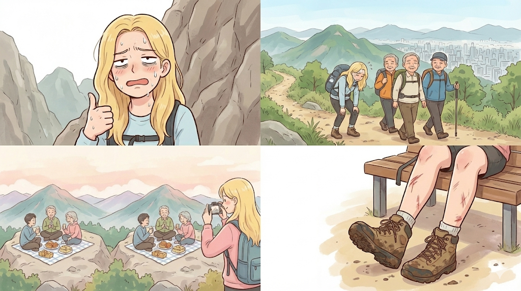 Alice struggling with hiking in Korea while locals pass her easily.
