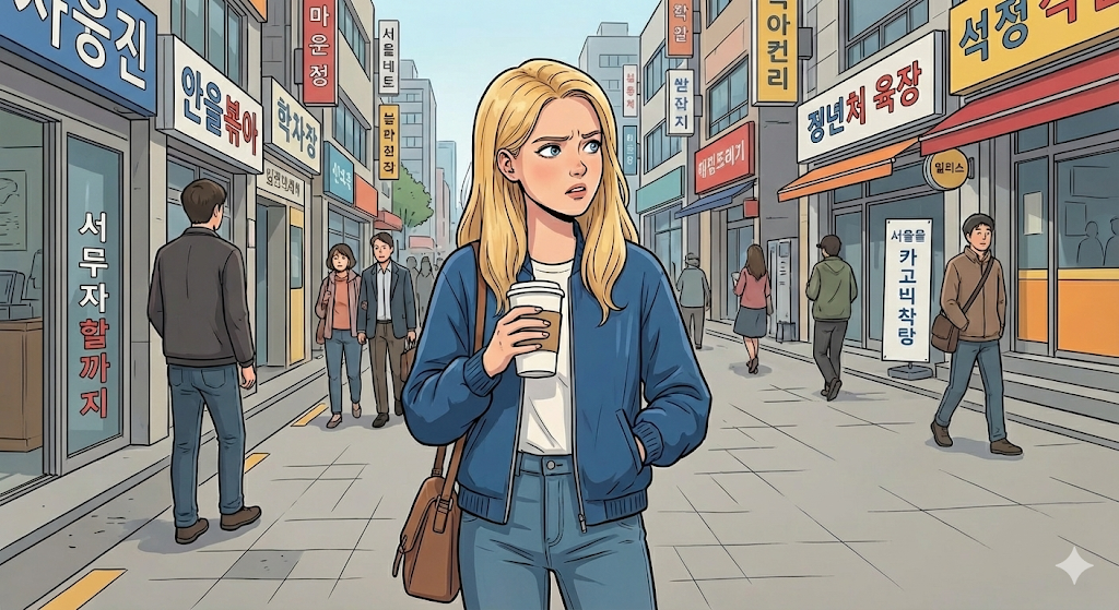 Alice searching for trash cans in Korea while holding an empty cup.