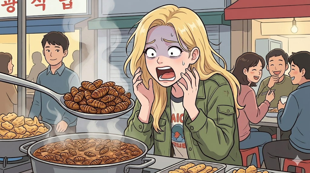 Alice screaming at a spoonful of Beondaegi, the final boss of the Korean Food Challenge.