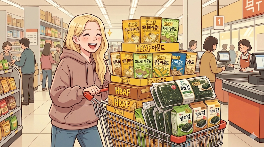 Alice filling her cart with snacks during Korean supermarket shopping at Lotte Mart.