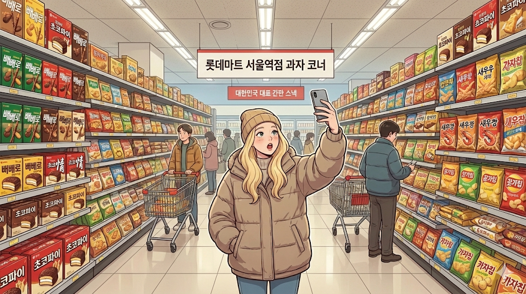 Endless aisles of snacks, the highlight of Korean supermarket shopping.