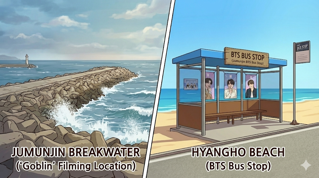 The famous Goblin breakwater and BTS photo spot featured in the Gangneung Travel Guide.