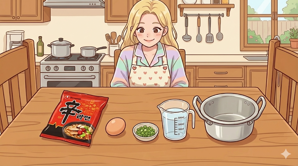 Ingredients ready for Korean Ramyeon hacks: Shin Ramyun, egg, green onion, and a pot.