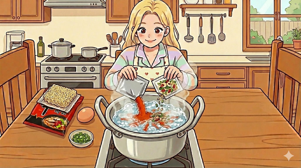 Boiling the broth first, a key step in Korean Ramyeon hacks.