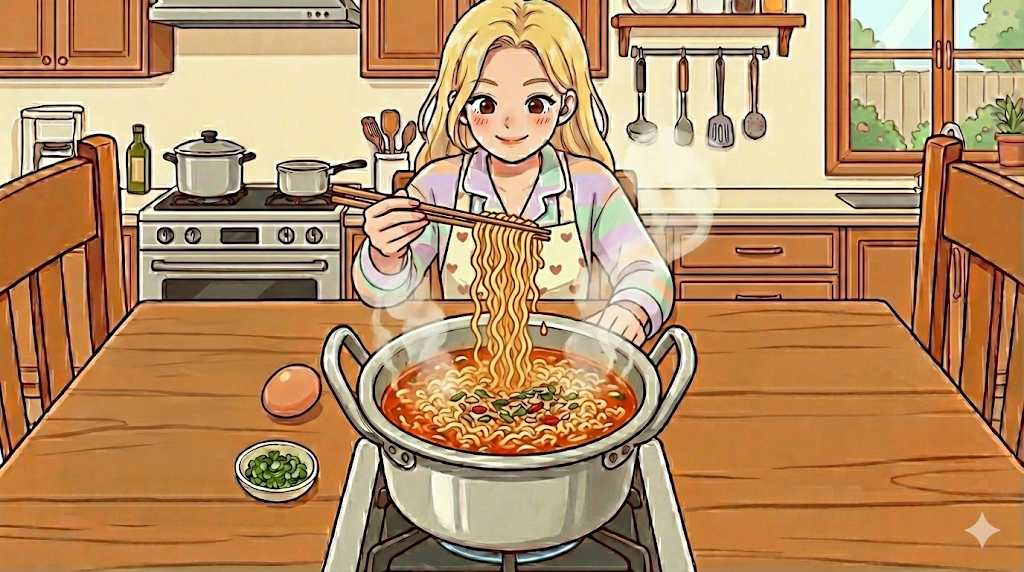 The "Air Touching" technique, essential for chewy noodles in Korean Ramyeon hacks.