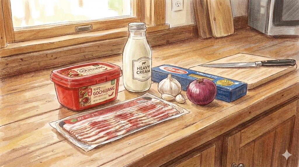 Ingredients for the latest Gochujang Trends: paste, cream, and pasta.