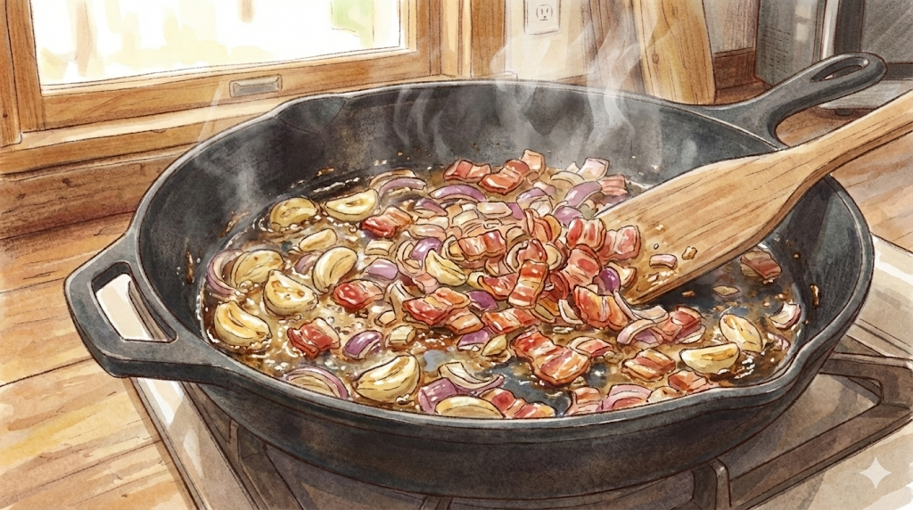 Sautéing garlic and bacon as a base for Gochujang Trends pasta.