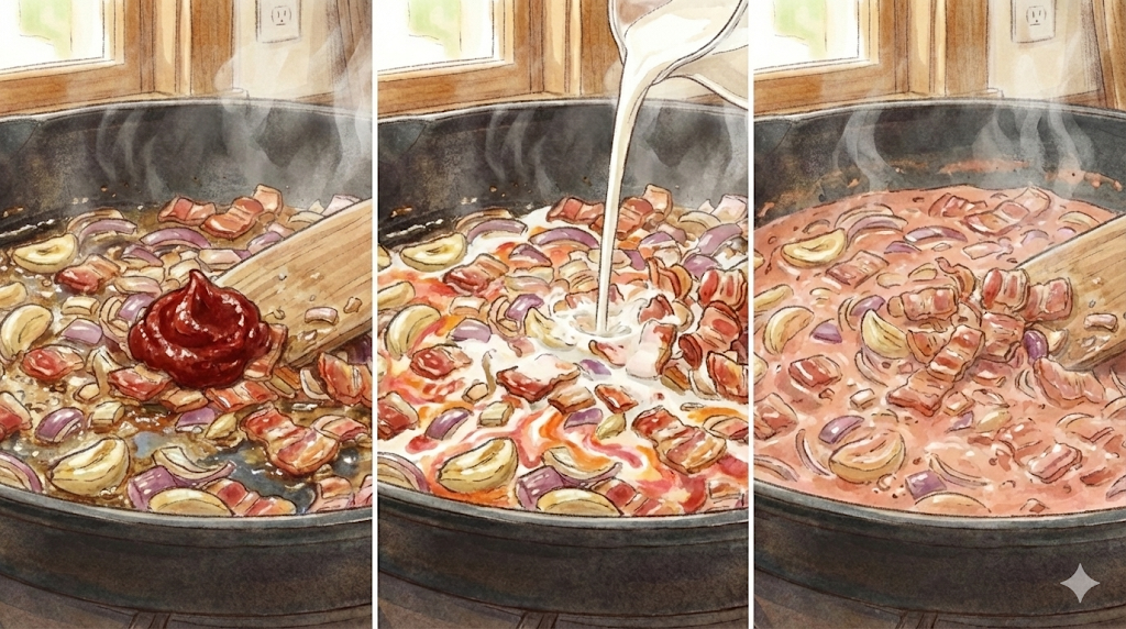 Mixing cream and paste to follow the spicy Rosé Gochujang