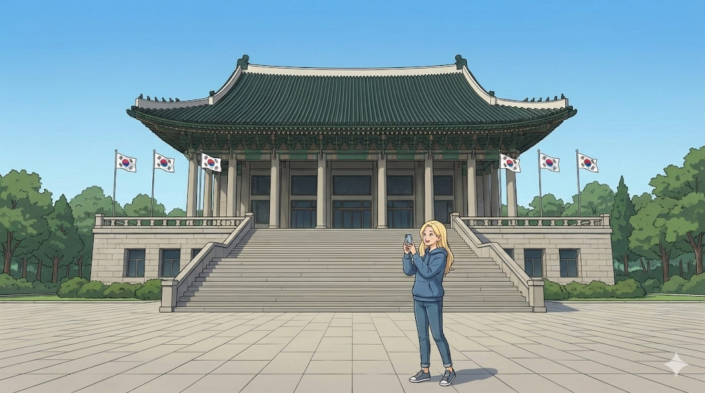 Alice standing in front of the Grand Hall at the Independence Hall of Korea.