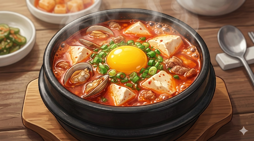 A sizzling hot bowl of finished stew from the Soft Tofu Stew Recipe.