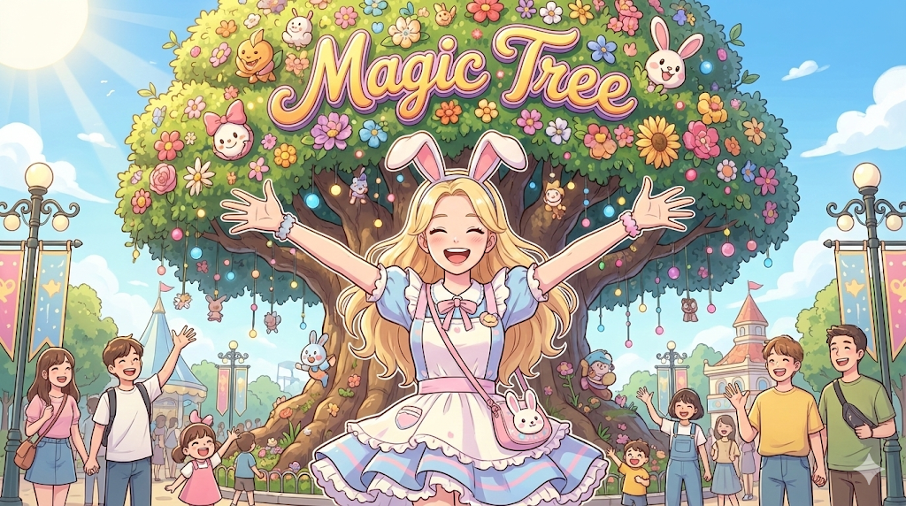 Alice arriving at the entrance of Everland, following the Everland Theme Park Guide.