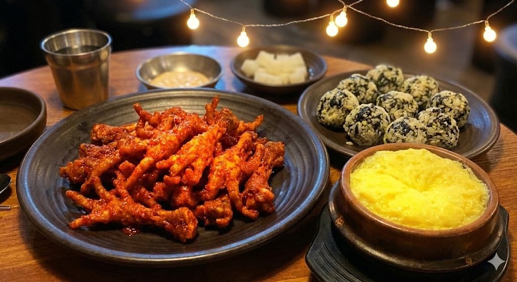 Spicy Dakbal with side dishes, a challenging Spicy Korean Food.