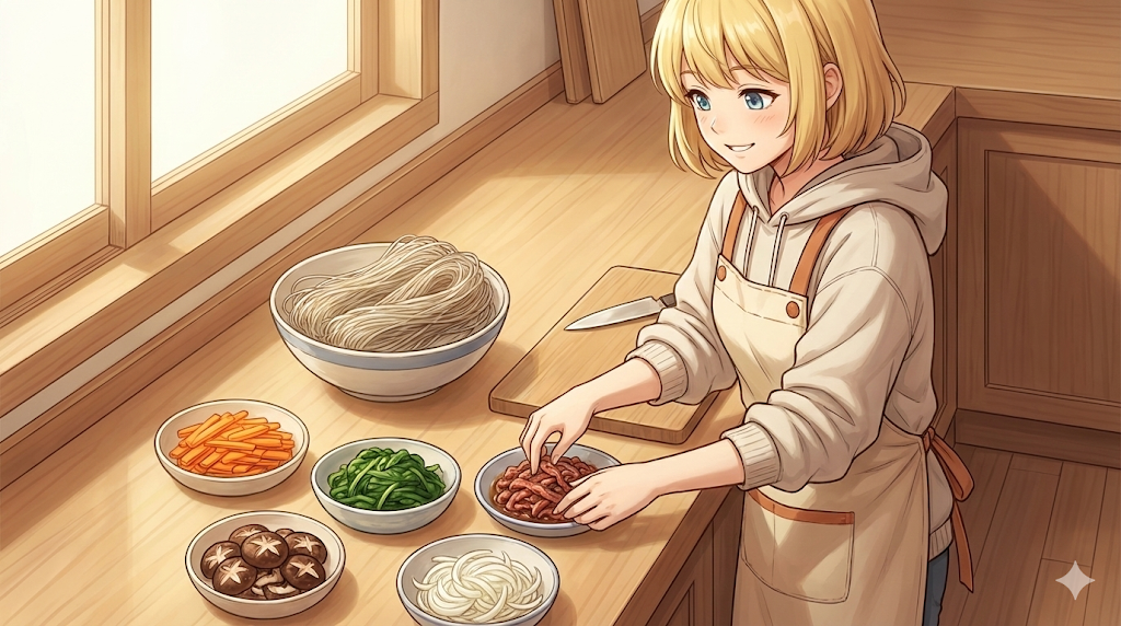 Fresh ingredients ready for an Easy Japchae Recipe, including colorful vegetables and glass noodles.