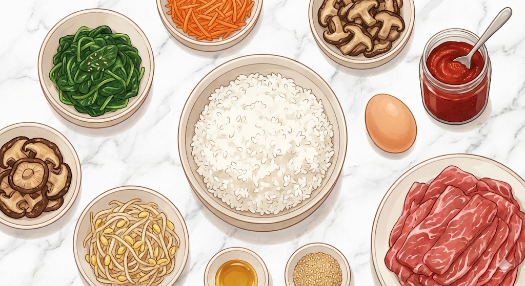 Fresh ingredients laid out for an Easy Bibimbap Recipe.