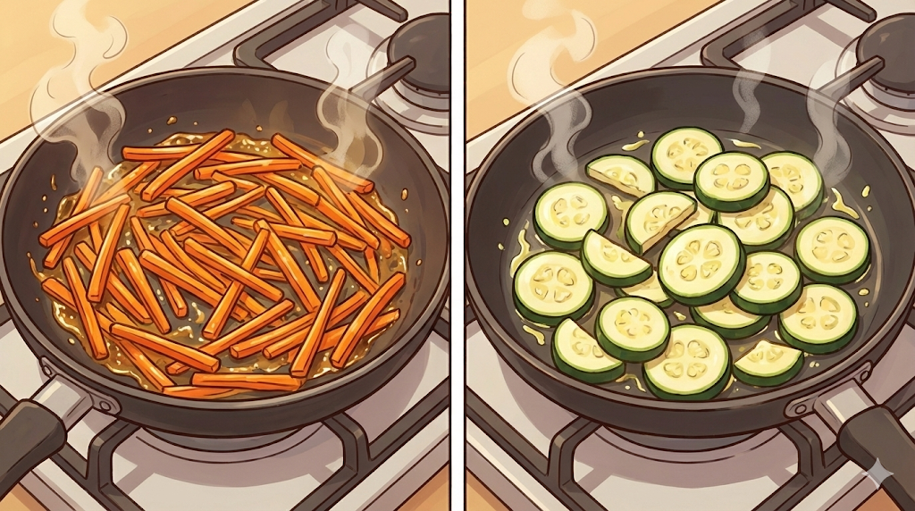 Sautéing individual vegetables for the Easy Bibimbap Recipe.