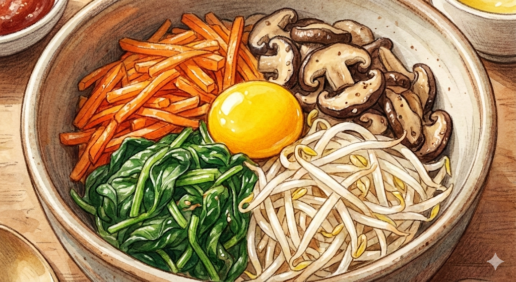 A perfectly assembled bowl from the Easy Bibimbap Recipe.