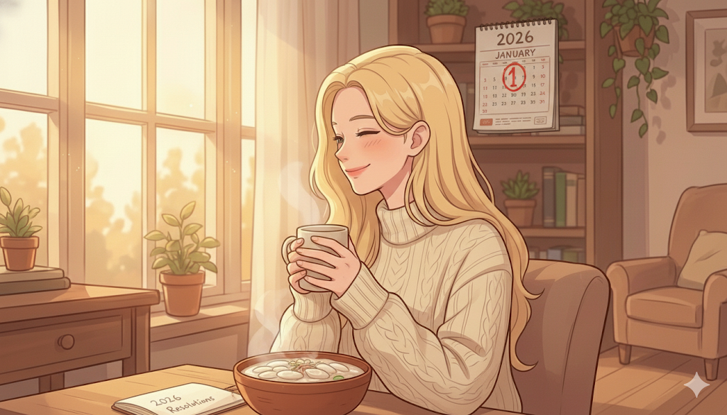 Preparing for New Year's Day in Korea with a calendar and traditional food.