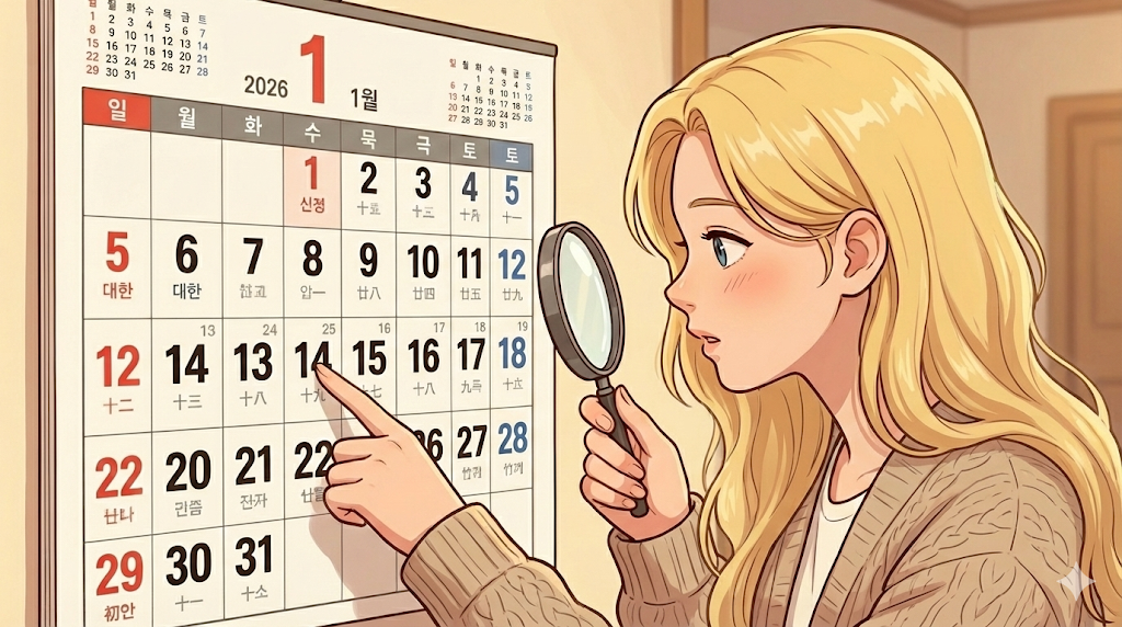 Alice investigating the small lunar dates in the Lunar vs Solar Calendar in Korea.