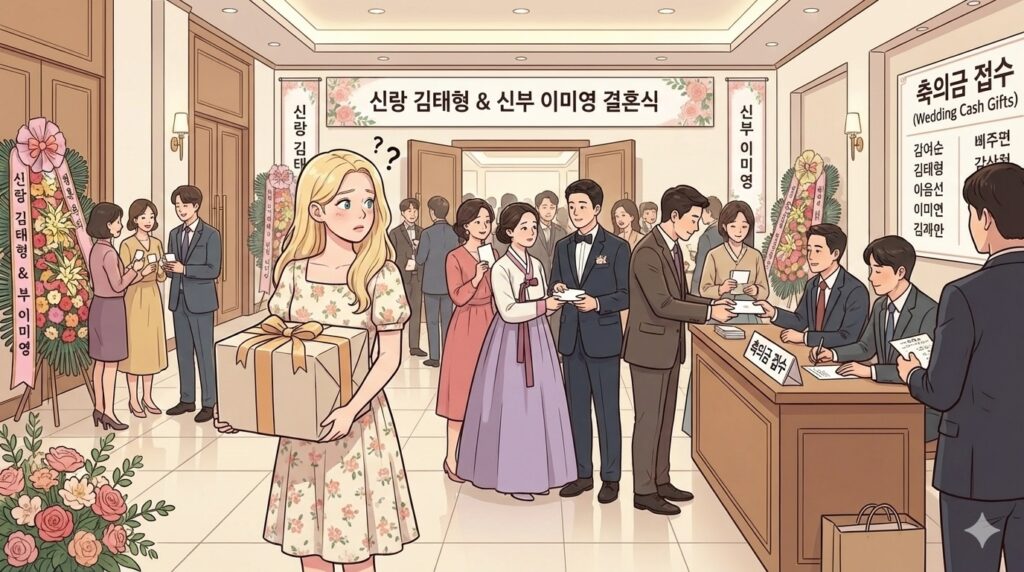 Alice holding a gift box while Koreans give cash envelopes, illustrating the Korean wedding guest guide.