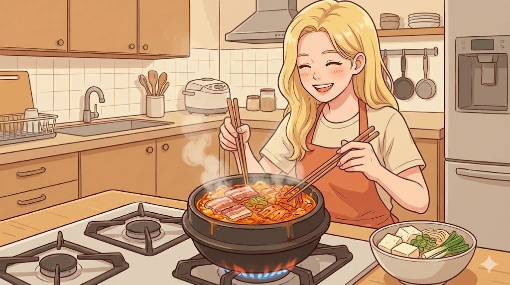 Sautéing pork and sour Kimchi for the Best Kimchi Jjigae Recipe.