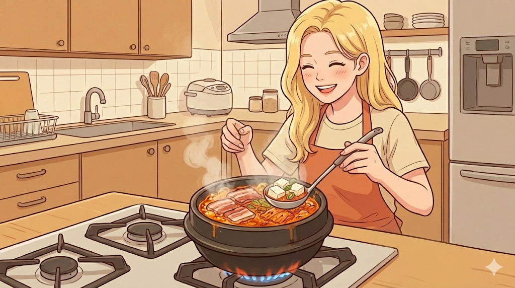 Adding tofu and onions to the simmering Best Kimchi Jjigae Recipe.