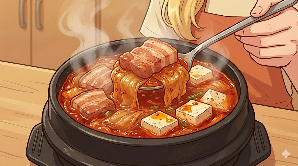 A steaming bowl of finished stew from the Best Kimchi Jjigae Recipe.