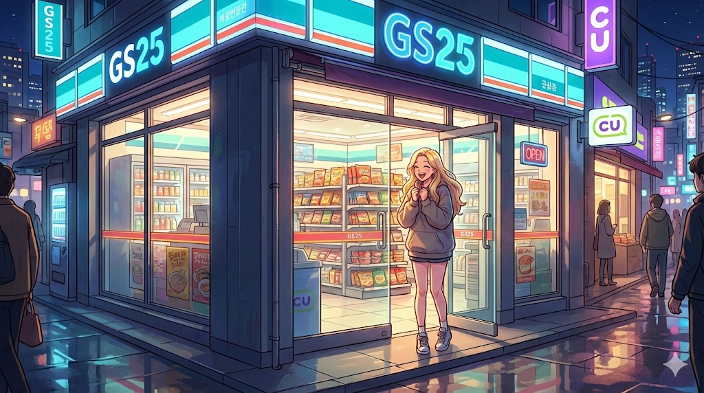 Alice entering a brightly lit shop for her Korean Convenience Store Guide.