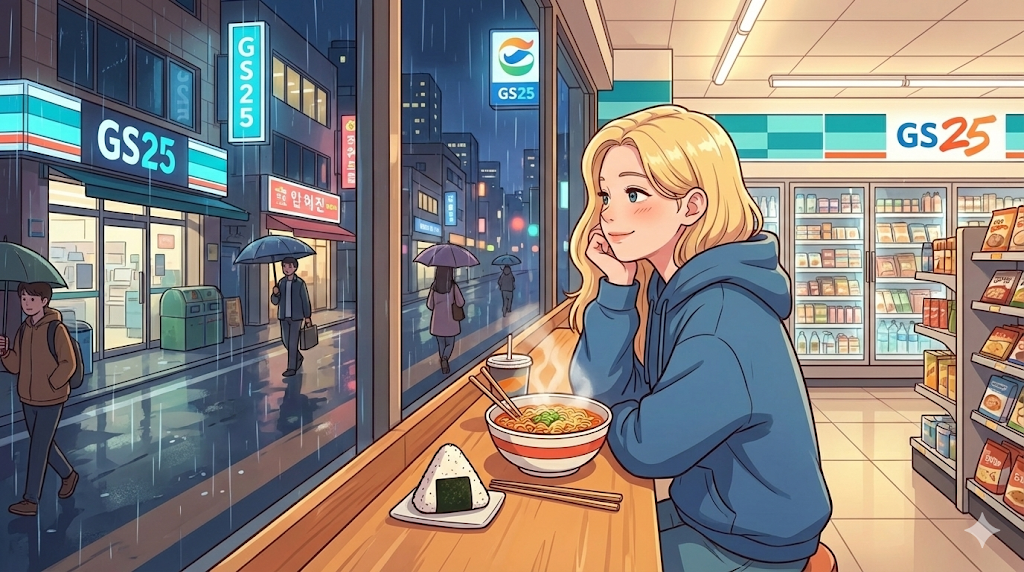 Eating a quick meal at a window seat, a classic part of the Korean Convenience Store Guide.