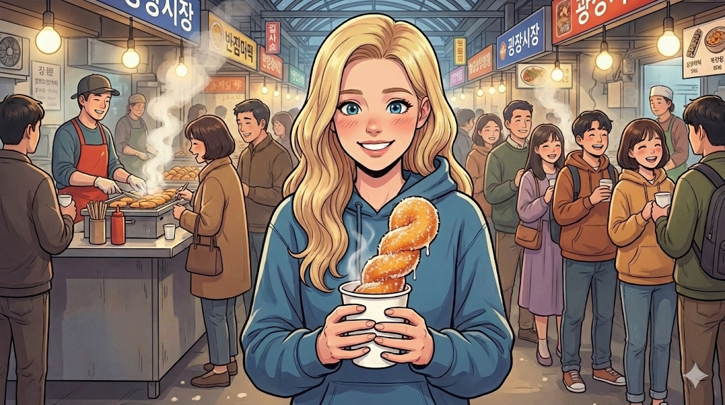 Finishing the Traditional Korean Market Food Tour with a sweet Kkwabaegi.