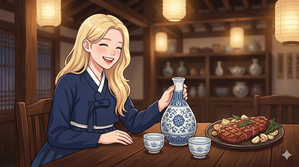 Premium distilled Soju and beef, the high-end side of the Traditional Korean Alcohol Guide.