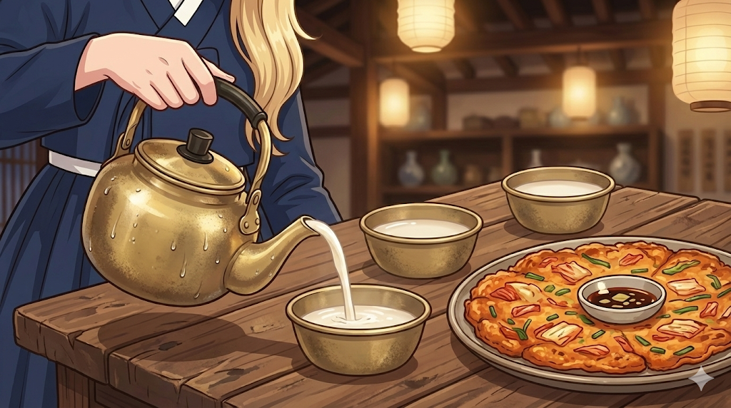 Makgeolli and pancakes, a classic pairing in the Traditional Korean Alcohol Guide.