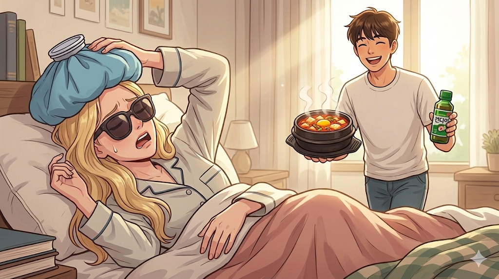 Ssam rescuing Alice with Korean Hangover Cure Culture essentials.