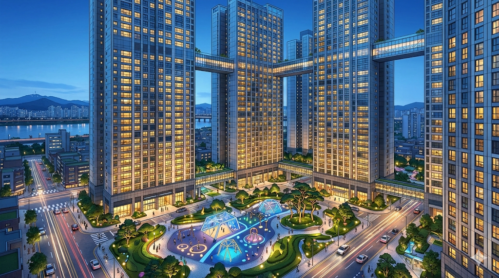 A sprawling landscape of Korean Apartment Culture in a modern smart city.