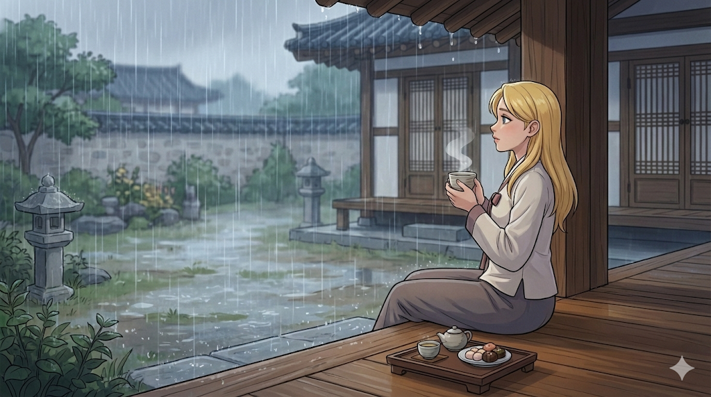 Enjoying the rainy day vibe on the porch, a highlight of the Hanok Stay Guide.