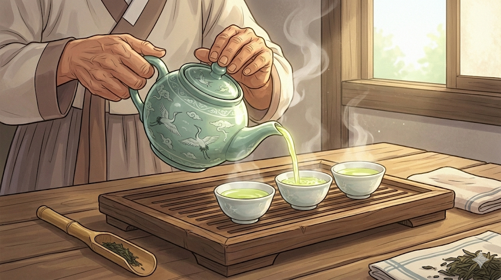 The precise and graceful pouring technique in the Korean Tea Ceremony Guide.