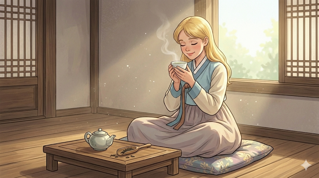 Alice finding inner peace through the Korean Tea Ceremony Guide.