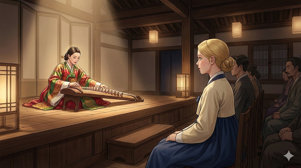 Alice experiencing the peaceful sounds of Gayageum in the Korean Traditional Music Gugak guide.