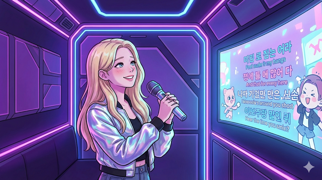 Alice experiencing her first solo session in our Coin Noraebang Guide.