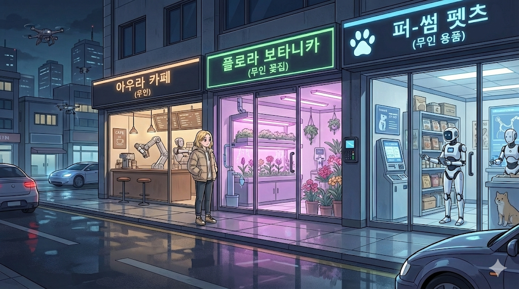 A futuristic street view of various Unmanned Stores in Korea.